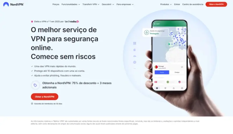 Página principal da NordVPN