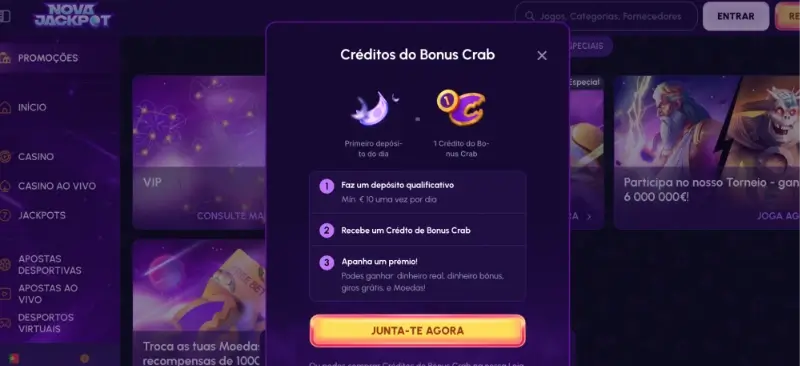 Bónus de casino do NovaJackpot com 1 bónus crab