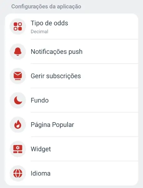 Opções de configuração da Megapari App