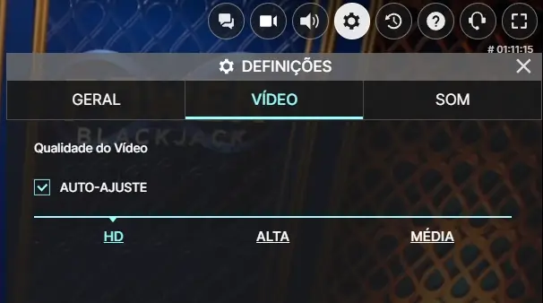 Defenições na qualidade do video da mesa de blackjack ao vivo