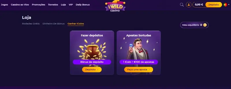 Loja para compras com iCoins do iWild Casino