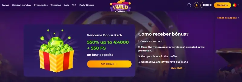 Pacote de boas-vindas do iWild Casino