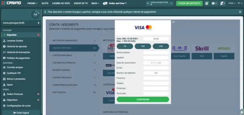 Página de pagamentos da 22Casino