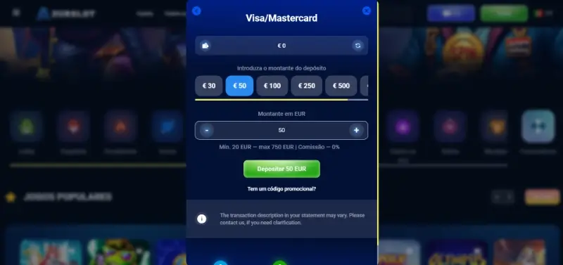 Página de pagamentos da AzurSlot