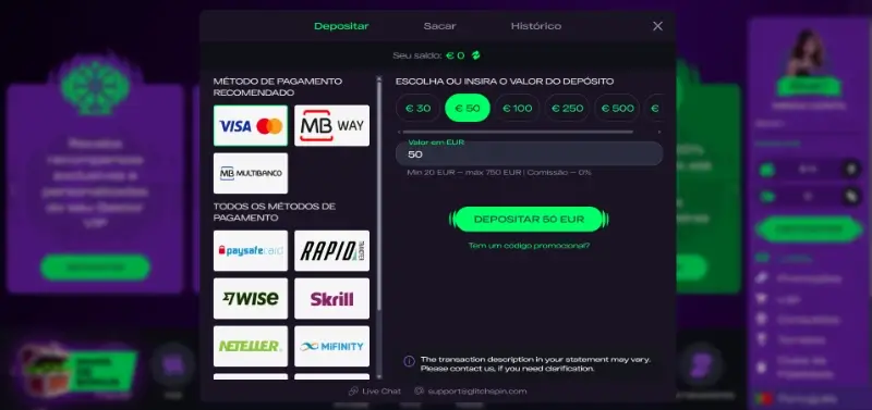 Página de pagamentos da Glitch Spin