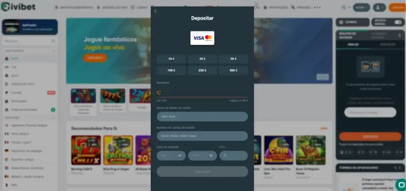 Página de pagamentos da Ivibet