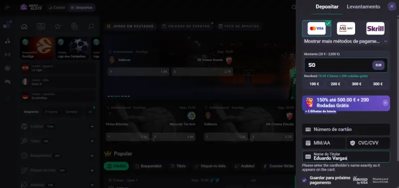 Página de pagamentos da Need For Slots