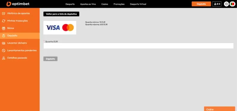 Página de pagamentos da Optimbet