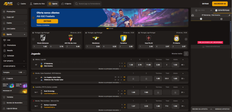 Página de apostas desportivas da SlotLair