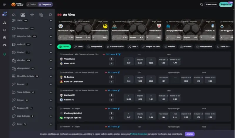 Página de apostas ao vivo no Need For Slots