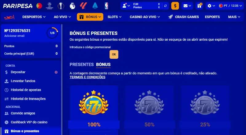 Página para tivar o código promocional da Paripesa