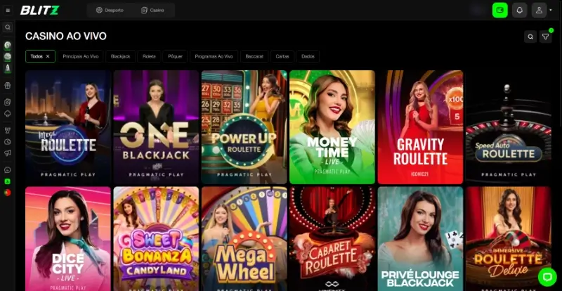 Página de casino ao vivo da Blitz