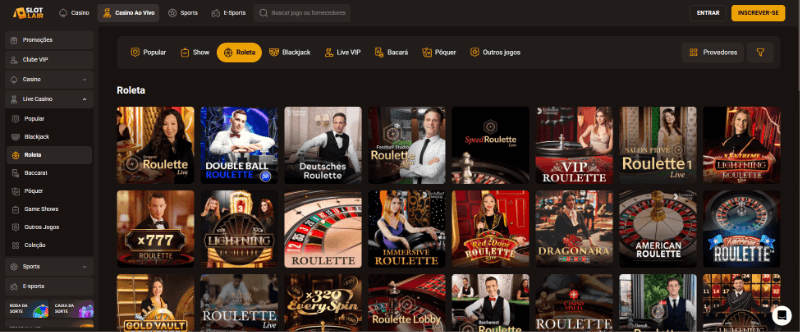 Página de casino ao vivo na SlotLair