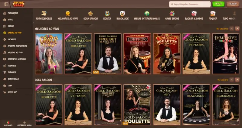 Página de casino ao vivo na StoneVegas
