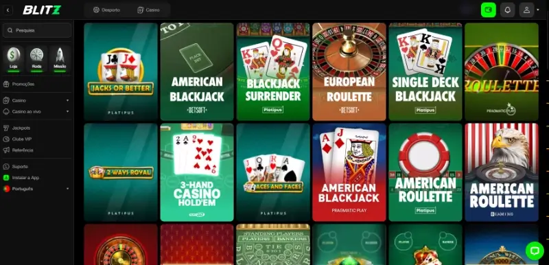 Página de jogos de mesa do Blitz Casino