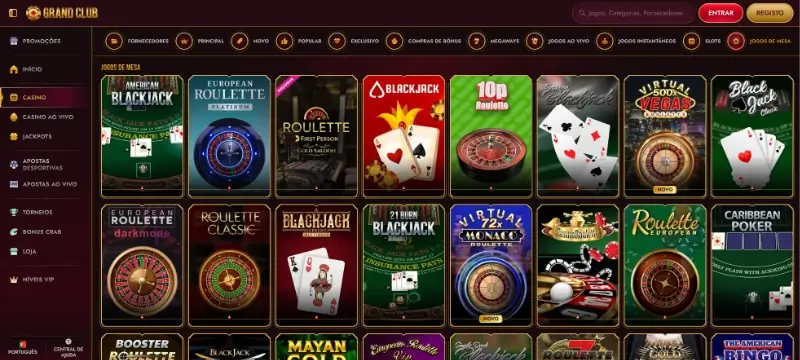 Página de jogos de mesa no GrandClub Casino