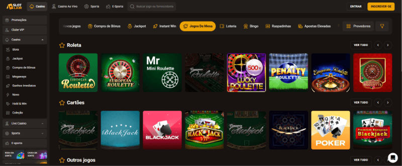 Página de jogos de mesa da SlotLair