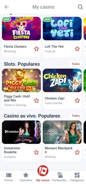 Secção my casino na aplicação da Megapari