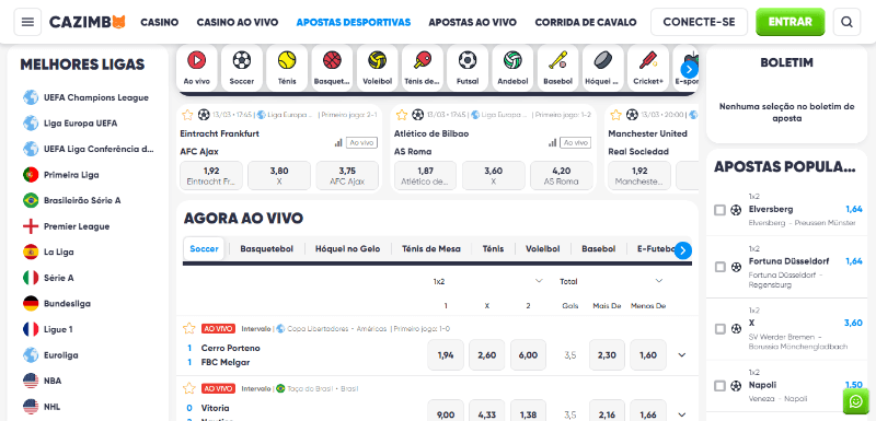 Página de apostas desportivas no Cazimbo