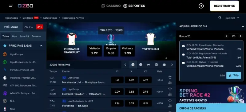 Página de apostas desportivas da Gizbo
