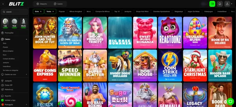 Página de Slots machines no Blitz Casino