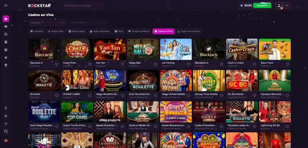 Página de casino ao vivo da Rockstar