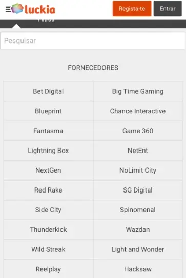 Página de provedores de software na Luckia App