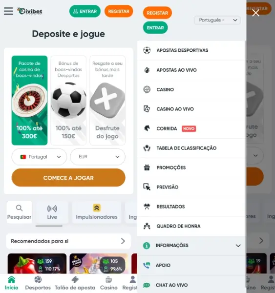 Página prinicpal e menu da aplicação da Ivibet