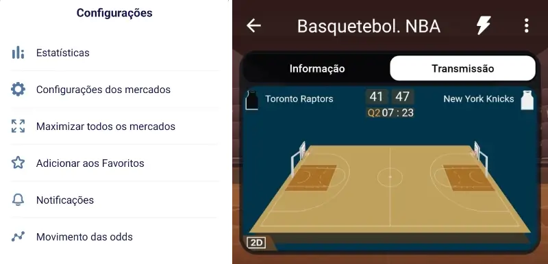 Configurações e Match Tracker na aplicação da Paripesa