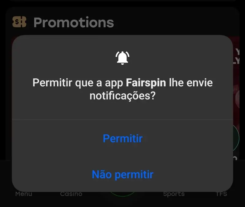 Permitir notificações na FairSpin App