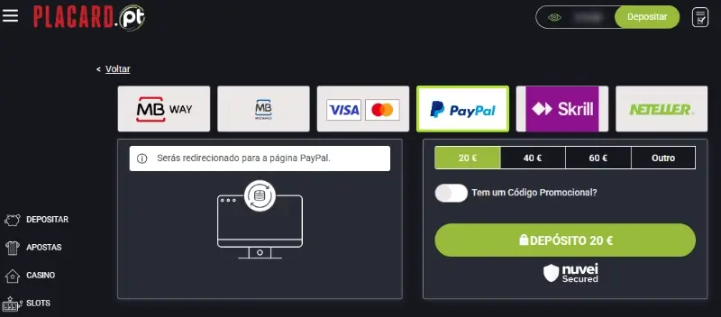 Página de pagamentos do casino do Placard.pt