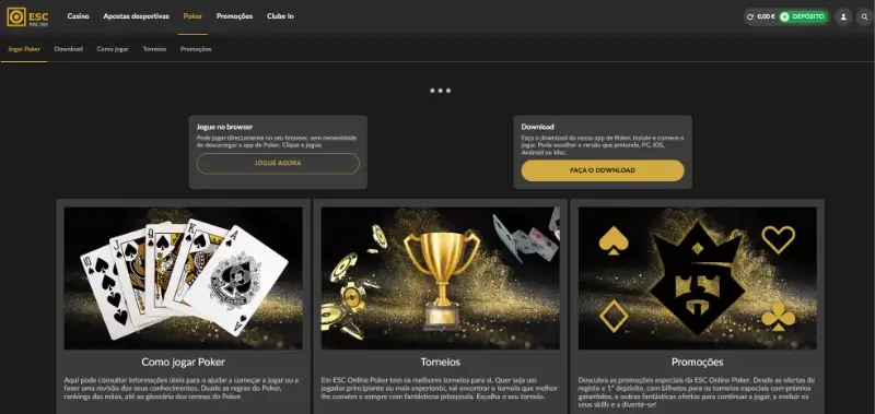 Página de poker no casino da ESC Online
