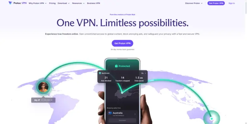 Página principal da Proton VPN