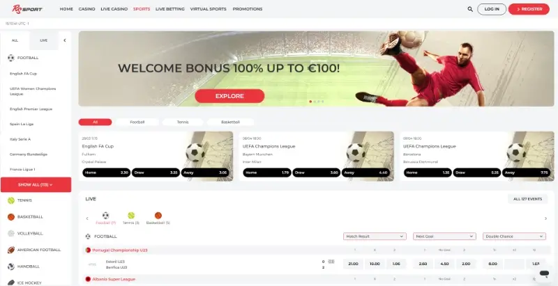 Página de apostas desportivas da RealSpin