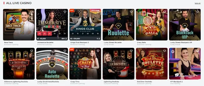 Página de casino ao vivo da RealSpin
