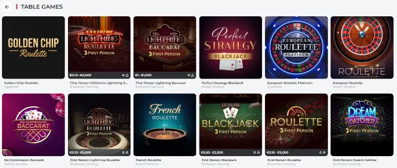 Página de jogos de mesa do casino da RealSpin