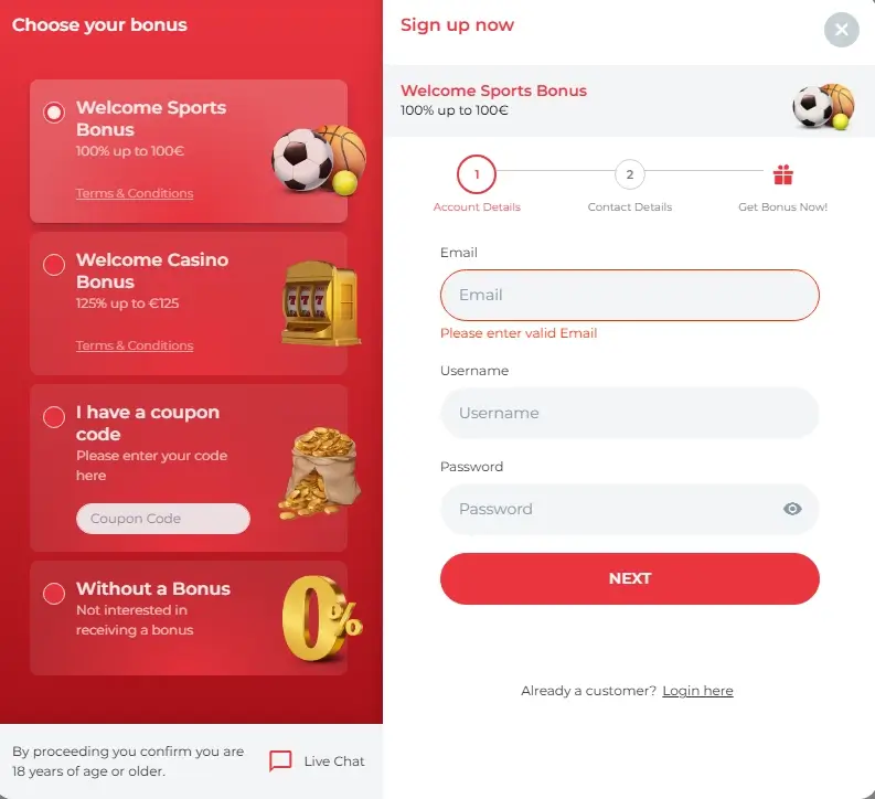 Inicio do processo de registo na RealSpin