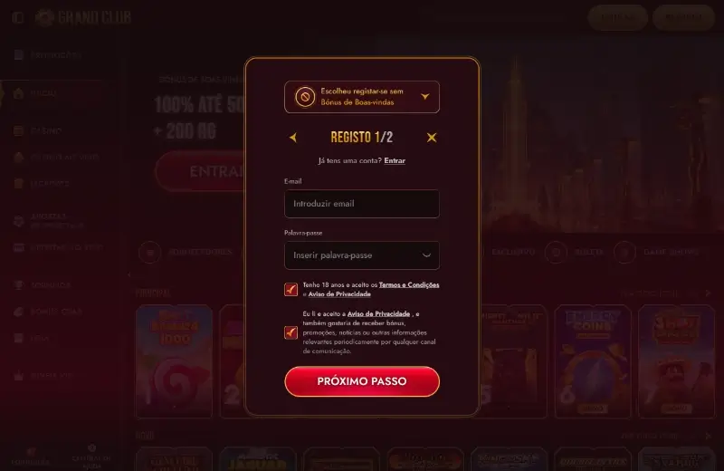 Formulário de registo no GrandClub