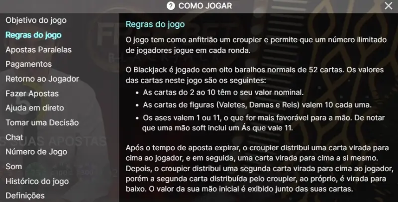 Regras da mesa de blackjack ao vivo