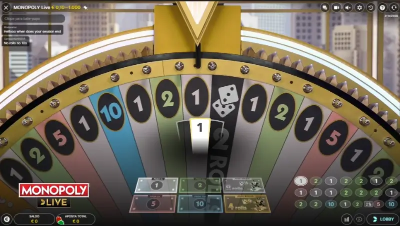 Exemplo de roda parada com o resultado da aposta no Monopoly Live
