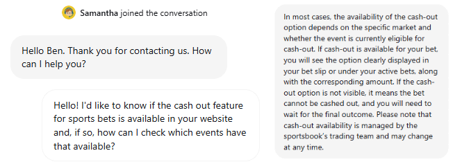 Saudação do chat ao vivo com resposta a nossa pergunta no apoio ao cliente da SlotLair