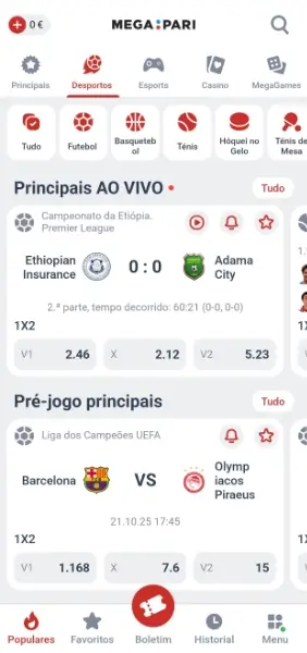 Secção de desporto da aplicação da Megapari