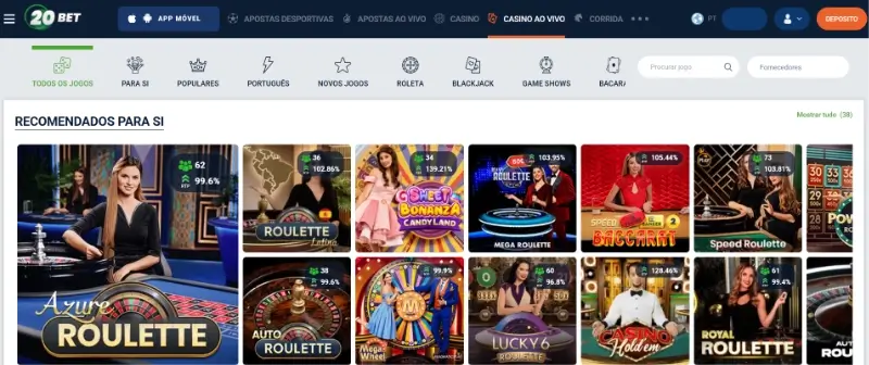 Página de casino ao vivo da 20Bet