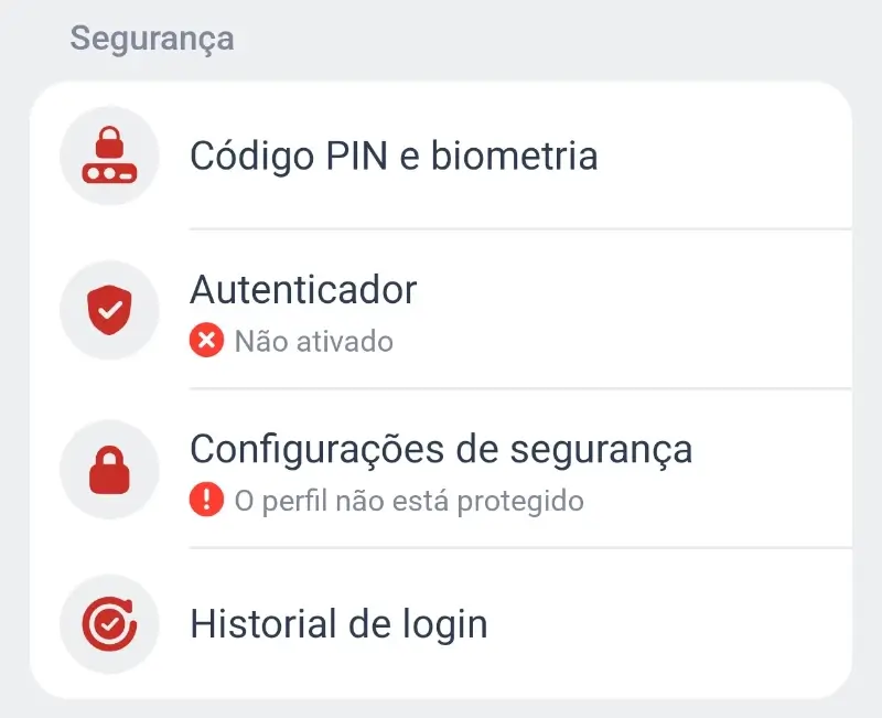 Defenições de segurança na aplicação da Megapari app
