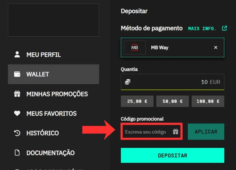Sítio onde colocar o código promocional da VersusBet
