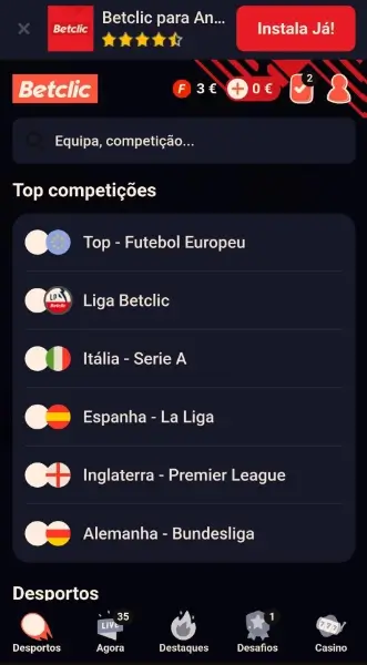 Versão mobile do site da Betclic