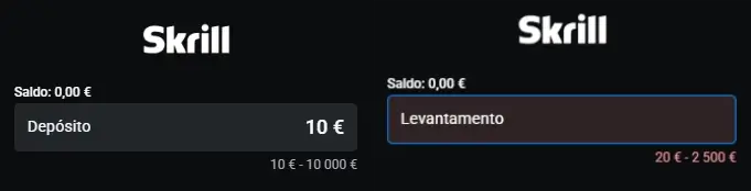 Depósito de 10€ e levantamento de 20€ com a Skrill