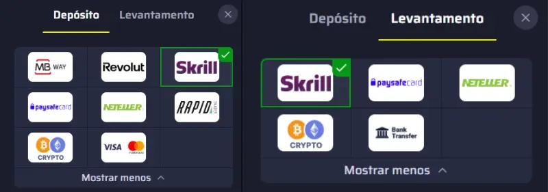 Depósitos e levantamentos com o método de pagamento skrill