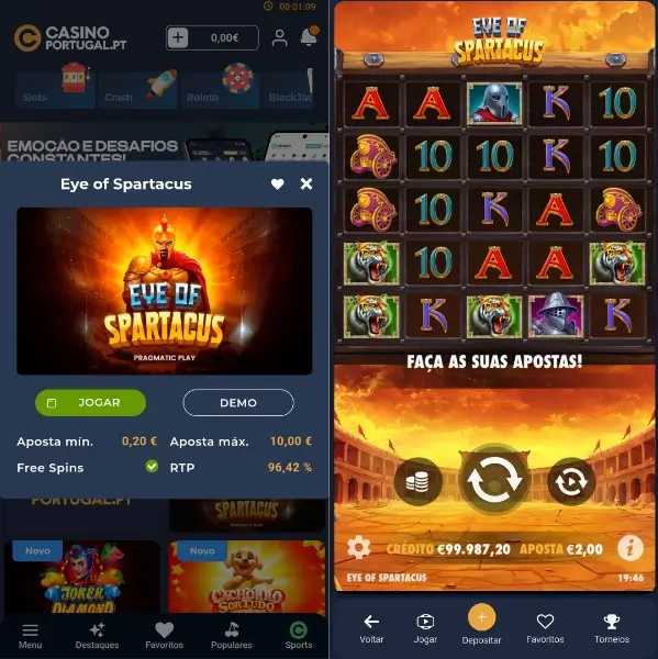 Slot machine Eye of Spartacus na aplicação do Casino Portugal