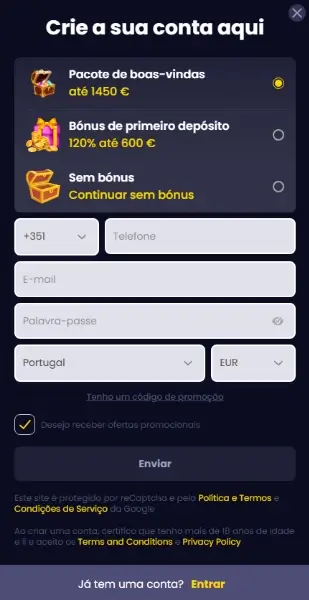Formulário de registo do casino da SlotGem